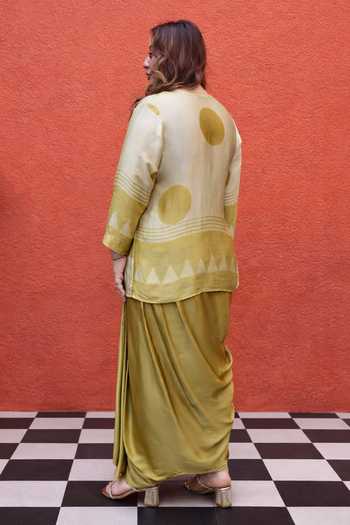 Buy_Prahnaaya_Yellow Satin, Modal V-neck Triangle Print Top And Skirt Set _Online_at_Aza_Fashions