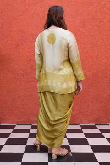 Shop_Prahnaaya_Yellow Satin, Modal V-neck Triangle Print Top And Skirt Set _at_Aza_Fashions