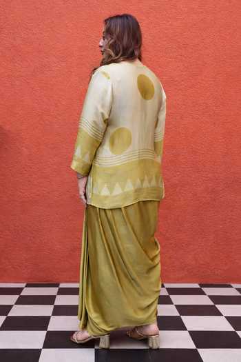 Shop_Prahnaaya_Yellow Satin, Modal V-neck Triangle Print Top And Skirt Set _Online_at_Aza_Fashions