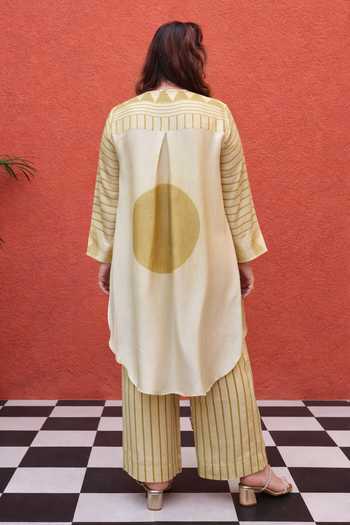 Shop_Prahnaaya_Yellow Satin, Modal Mandarin Collar Striped Shirt And Pant Set _at_Aza_Fashions