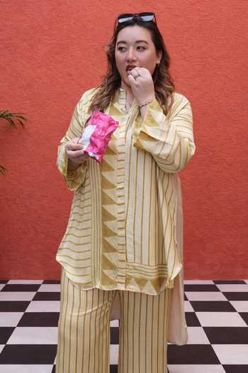 Prahnaaya_Yellow Satin, Modal Mandarin Collar Striped Shirt And Pant Set _Online_at_Aza_Fashions
