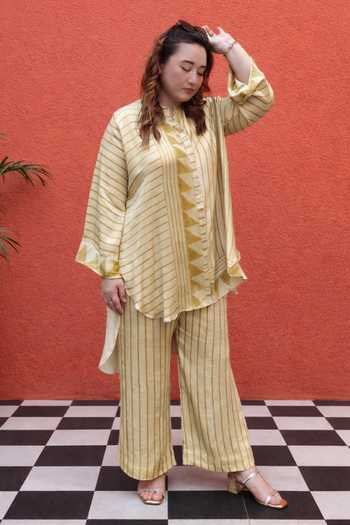 Buy_Prahnaaya_Yellow Satin, Modal Mandarin Collar Striped Shirt And Pant Set _at_Aza_Fashions