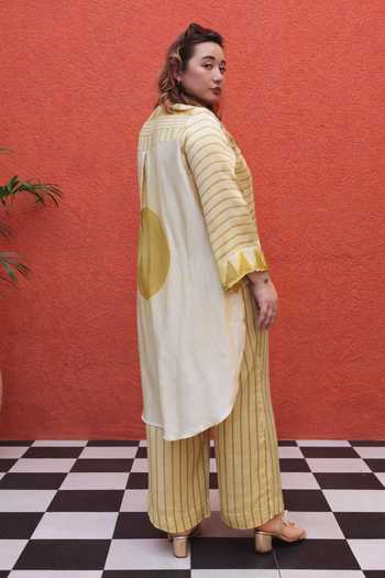 Buy_Prahnaaya_Yellow Satin, Modal Mandarin Collar Striped Shirt And Pant Set _Online_at_Aza_Fashions