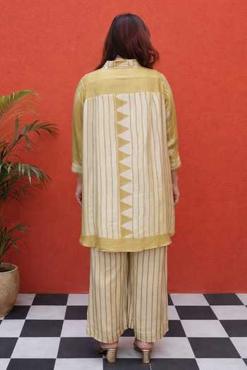 Shop_Prahnaaya_Yellow Satin, Modal Button-down Neck Geometric Pattern Shirt And Pant Set _at_Aza_Fashions