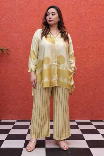 Buy_Prahnaaya_Yellow Satin, Modal Button-down Neck Geometric Pattern Shirt And Pant Set _at_Aza_Fashions