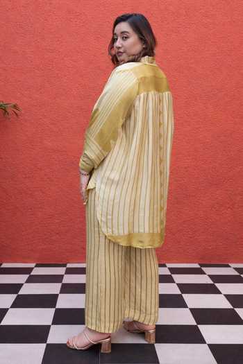 Prahnaaya_Yellow Satin, Modal Button-down Neck Geometric Pattern Shirt And Pant Set _Online_at_Aza_Fashions