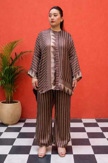 Buy_Prahnaaya_Brown Satin, Modal Round Neck Striped Pattern Top And Pant Set _at_Aza_Fashions