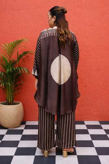 Shop_Prahnaaya_Brown Satin, Modal Round Neck Striped Pattern Top And Pant Set _at_Aza_Fashions