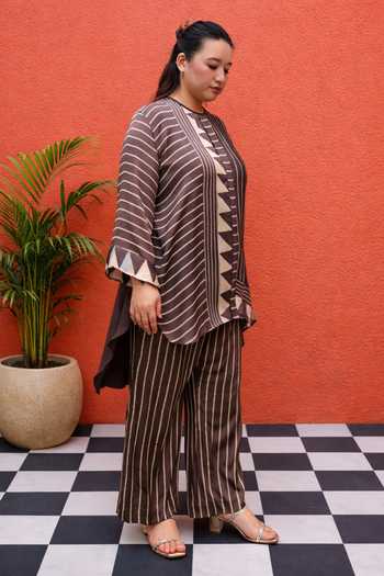 Prahnaaya_Brown Satin, Modal Round Neck Striped Pattern Top And Pant Set _Online_at_Aza_Fashions