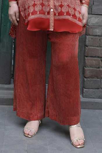 Prahnaaya_Red Satin, Modal Collared Artisan Ajrakh Print Shirt And Pant Set _Online_at_Aza_Fashions