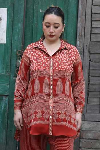 Buy_Prahnaaya_Red Satin, Modal Collared Artisan Ajrakh Print Shirt And Pant Set _Online_at_Aza_Fashions