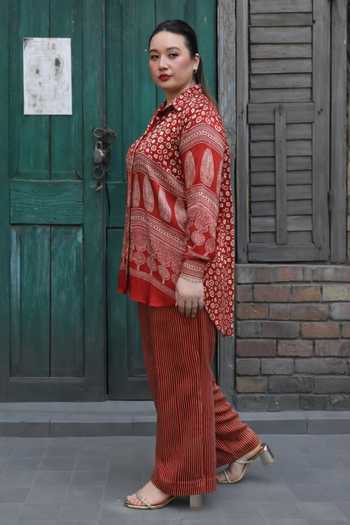 Shop_Prahnaaya_Red Satin, Modal Collared Artisan Ajrakh Print Shirt And Pant Set _Online_at_Aza_Fashions