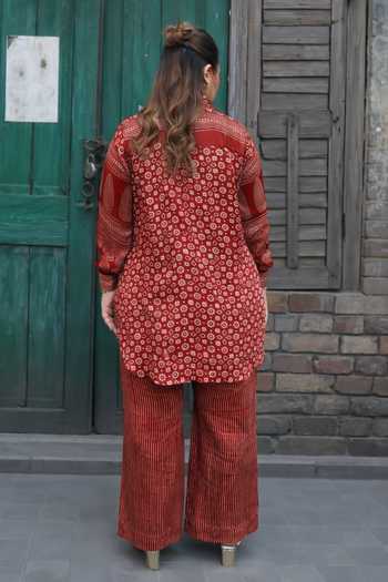 Shop_Prahnaaya_Red Satin, Modal Collared Artisan Ajrakh Print Shirt And Pant Set _at_Aza_Fashions