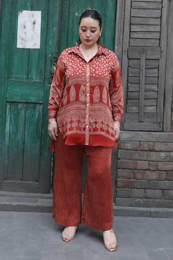 Buy_Prahnaaya_Red Satin, Modal Collared Artisan Ajrakh Print Shirt And Pant Set _at_Aza_Fashions