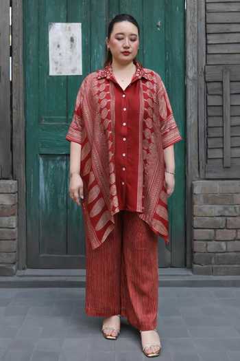 Buy_Prahnaaya_Red Satin, Modal Button-down Neck Ajrakh Print Shirt And Pant Set _Online_at_Aza_Fashions