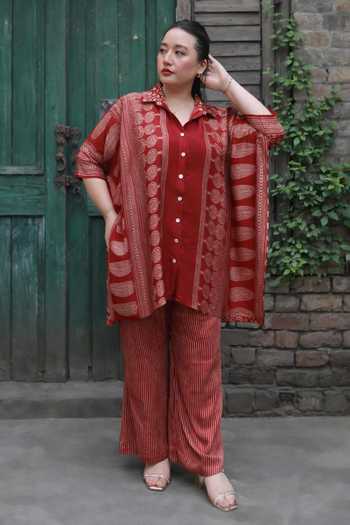 Buy_Prahnaaya_Red Satin, Modal Button-down Neck Ajrakh Print Shirt And Pant Set _at_Aza_Fashions