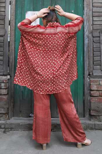 Shop_Prahnaaya_Red Satin, Modal Button-down Neck Ajrakh Print Shirt And Pant Set _at_Aza_Fashions