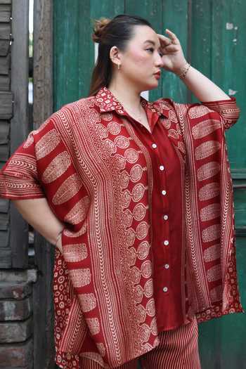 Shop_Prahnaaya_Red Satin, Modal Button-down Neck Ajrakh Print Shirt And Pant Set _Online_at_Aza_Fashions