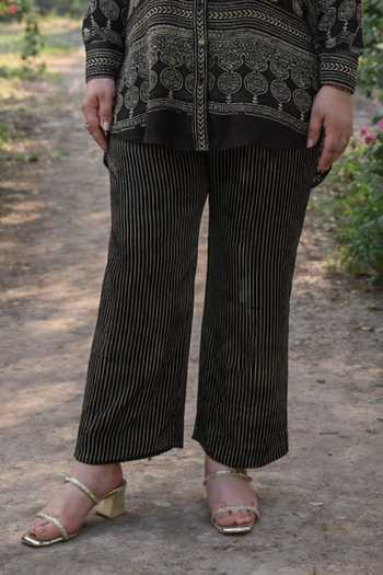 Prahnaaya_Black Satin, Modal Collared Ajrakh Print Shirt And Pant Set _Online_at_Aza_Fashions