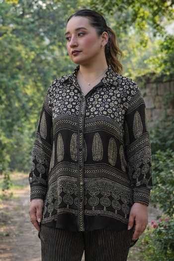 Buy_Prahnaaya_Black Satin, Modal Collared Ajrakh Print Shirt And Pant Set _Online_at_Aza_Fashions