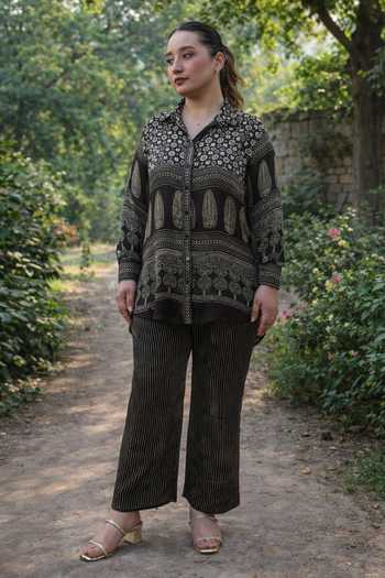 Buy_Prahnaaya_Black Satin, Modal Collared Ajrakh Print Shirt And Pant Set _at_Aza_Fashions
