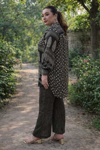 Shop_Prahnaaya_Black Satin, Modal Collared Ajrakh Print Shirt And Pant Set _Online_at_Aza_Fashions