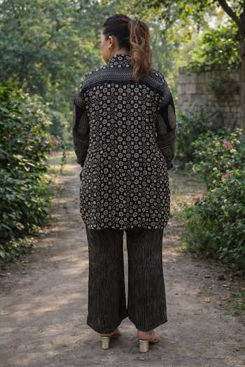 Shop_Prahnaaya_Black Satin, Modal Collared Ajrakh Print Shirt And Pant Set _at_Aza_Fashions