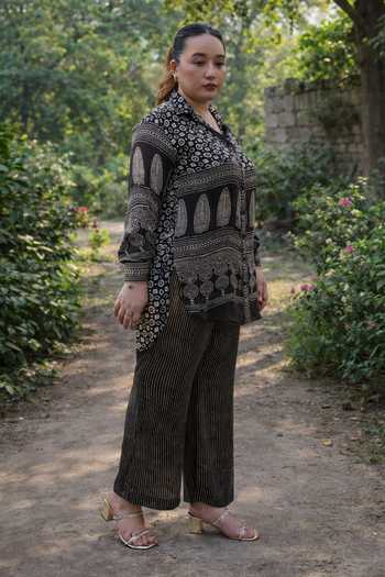 Prahnaaya_Black Satin, Modal Collared Ajrakh Print Shirt And Pant Set _at_Aza_Fashions