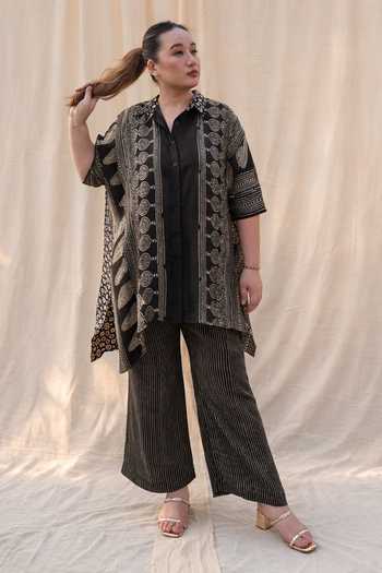 Buy_Prahnaaya_Black Satin, Modal Button-down Neck Printed Kaftan And Pant Set _at_Aza_Fashions
