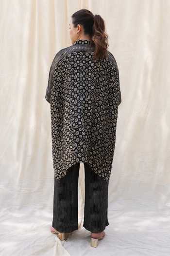 Shop_Prahnaaya_Black Satin, Modal Button-down Neck Printed Kaftan And Pant Set _at_Aza_Fashions