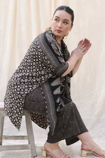 Prahnaaya_Black Satin, Modal Button-down Neck Printed Kaftan And Pant Set _Online_at_Aza_Fashions