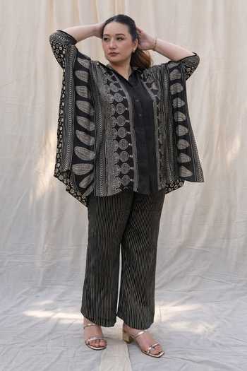 Buy_Prahnaaya_Black Satin, Modal Button-down Neck Printed Kaftan And Pant Set _Online_at_Aza_Fashions
