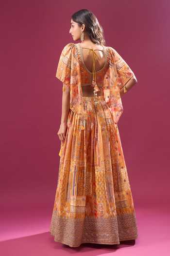 Samyukta Singhania_Orange Silk, Chiffon, Polyester Zari V-neck Sunset Hued Printed Lehenga Set _Online_at_Aza_Fashions