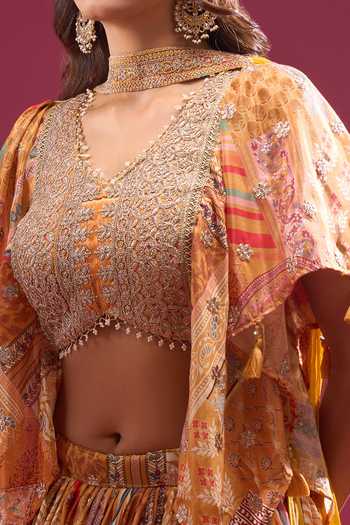 Buy_Samyukta Singhania_Orange Silk, Chiffon, Polyester Zari V-neck Sunset Hued Printed Lehenga Set _Online_at_Aza_Fashions