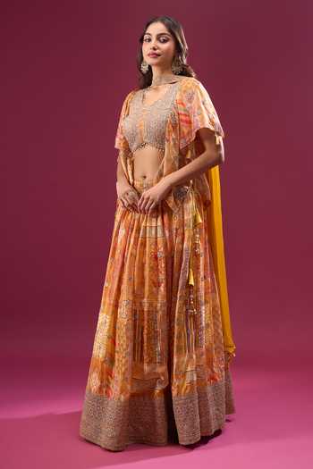 Shop_Samyukta Singhania_Orange Silk, Chiffon, Polyester Zari V-neck Sunset Hued Printed Lehenga Set _Online_at_Aza_Fashions