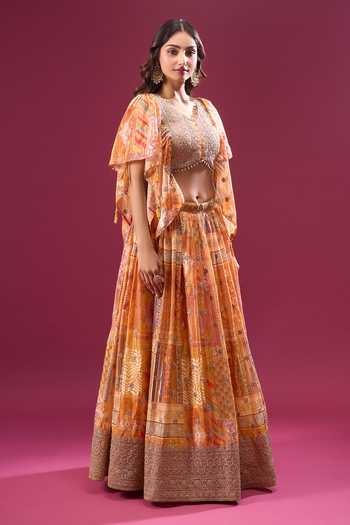 Samyukta Singhania_Orange Silk, Chiffon, Polyester Zari V-neck Sunset Hued Printed Lehenga Set _at_Aza_Fashions