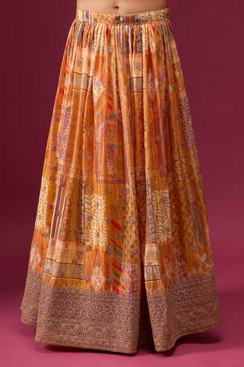 Buy_Samyukta Singhania_Orange Silk, Chiffon, Polyester Zari V-neck Sunset Hued Printed Lehenga Set 