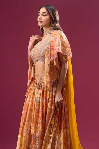 Shop_Samyukta Singhania_Orange Silk, Chiffon, Polyester Zari V-neck Sunset Hued Printed Lehenga Set 
