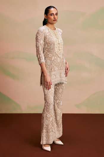 Evra By Nikita_Beige Georgette Pearls Round Neck Paisley Embroidered Kurta And Palazzo Set _Online_at_Aza_Fashions