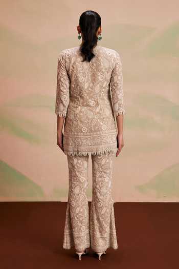 Shop_Evra By Nikita_Beige Georgette Pearls Round Neck Paisley Embroidered Kurta And Palazzo Set _at_Aza_Fashions