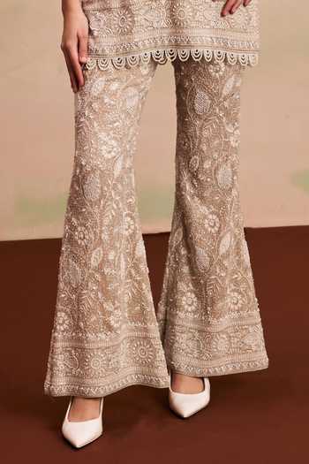 Buy_Evra By Nikita_Beige Georgette Pearls Round Neck Paisley Embroidered Kurta And Palazzo Set _Online_at_Aza_Fashions