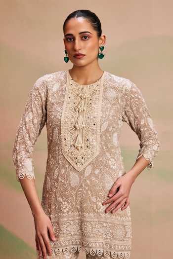 Shop_Evra By Nikita_Beige Georgette Pearls Round Neck Paisley Embroidered Kurta And Palazzo Set _Online_at_Aza_Fashions