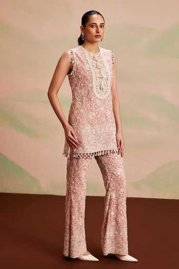 Buy_Evra By Nikita_Pink Georgette Pearls Round Neck, Yes Embroidered Kurta And Palazzo Set _at_Aza_Fashions