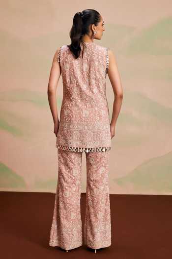 Shop_Evra By Nikita_Pink Georgette Pearls Round Neck, Yes Embroidered Kurta And Palazzo Set _at_Aza_Fashions