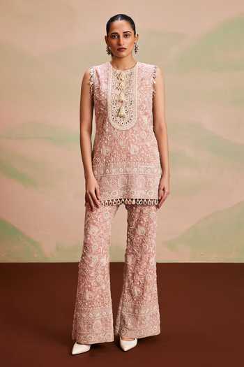 Evra By Nikita_Pink Georgette Pearls Round Neck, Yes Embroidered Kurta And Palazzo Set _Online_at_Aza_Fashions