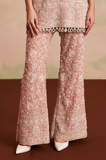 Buy_Evra By Nikita_Pink Georgette Pearls Round Neck, Yes Embroidered Kurta And Palazzo Set _Online_at_Aza_Fashions