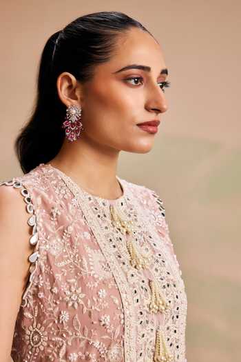 Shop_Evra By Nikita_Pink Georgette Pearls Round Neck, Yes Embroidered Kurta And Palazzo Set _Online_at_Aza_Fashions