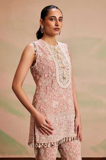 Evra By Nikita_Pink Georgette Pearls Round Neck, Yes Embroidered Kurta And Palazzo Set _at_Aza_Fashions