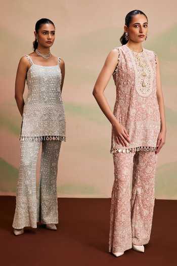 Buy_Evra By Nikita_Pink Georgette Pearls Round Neck, Yes Embroidered Kurta And Palazzo Set 