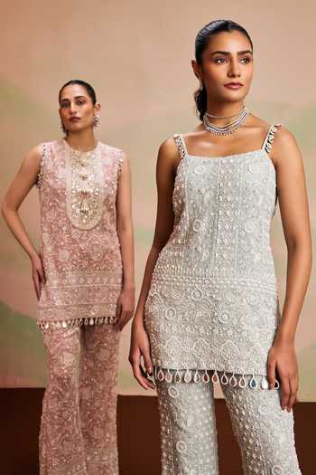 Shop_Evra By Nikita_Pink Georgette Pearls Round Neck, Yes Embroidered Kurta And Palazzo Set 